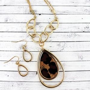 GOLDTONE & LEOPARD CORK ORBITAL TEARDROP SET